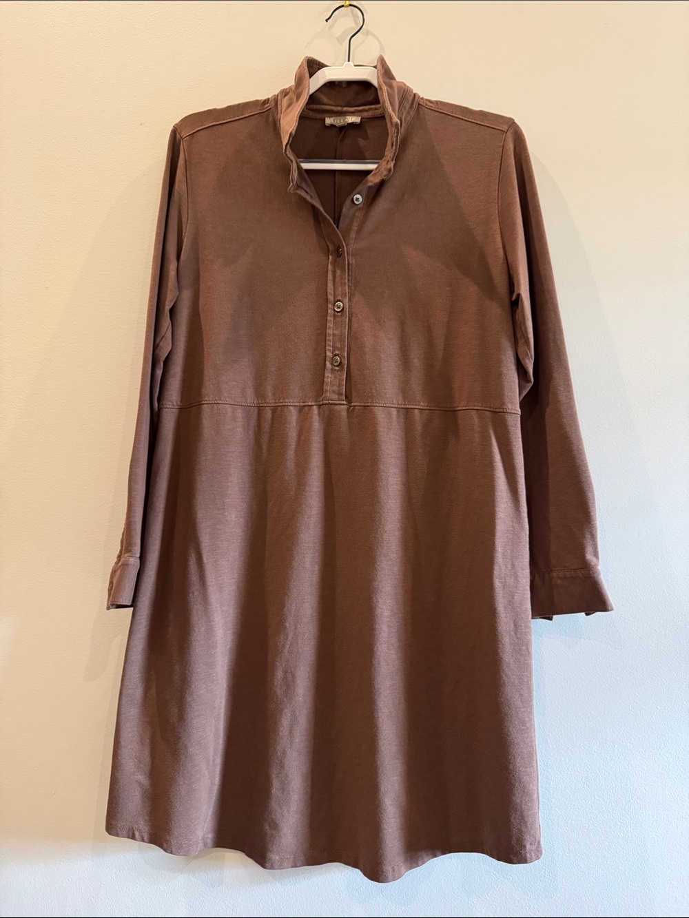 Lilla P Relaxed Button-Front Knit Dress in Chestnut Brown